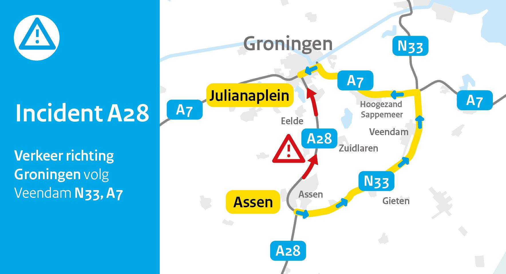 A28 richting stad afgesloten vanwege gekantelde vrachtwagen