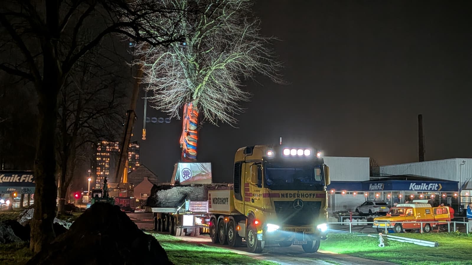 Spectaculair gezicht aan Damsterdiep: 30 ton zware lindebomen rijden naar nieuwe plek