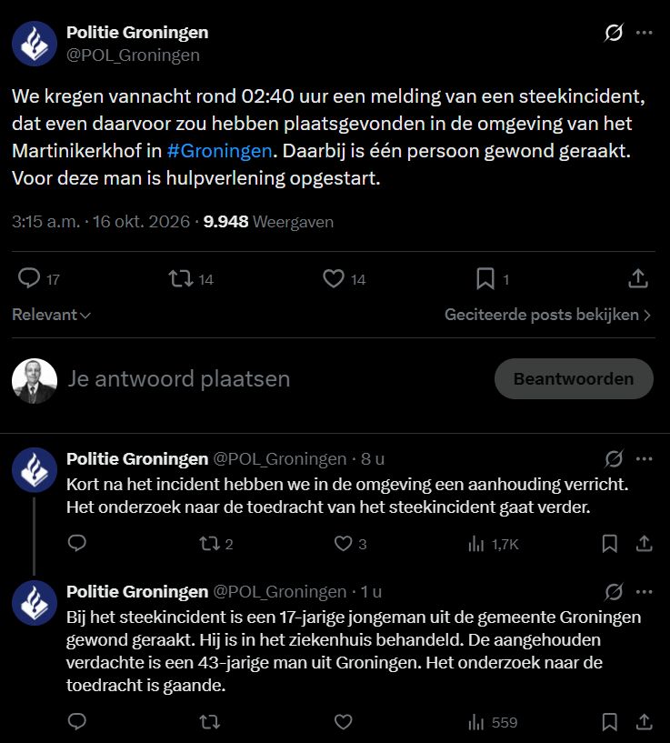 Tiener (17) raakt gewond bij steekpartij Martinikerkhof, 43-jarige verdachte aangehouden (update)